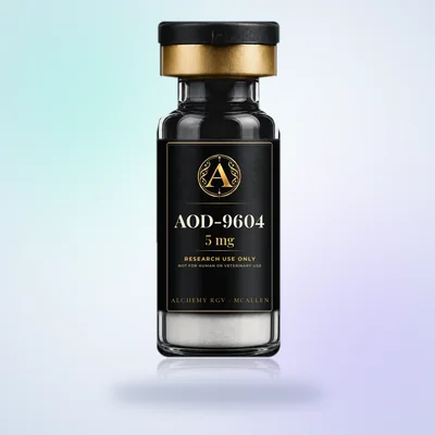 AOD-9604 5 mg vial with Alchemy RGV label, research use only