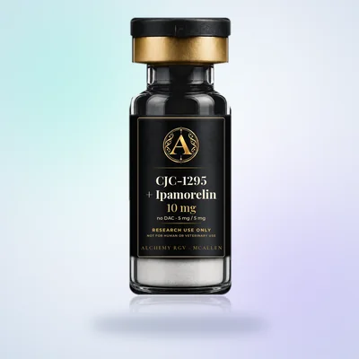 CJC-1295 no DAC 5mg + Ipamorelin 5mg 10 mg vial with Alchemy RGV label, research use only