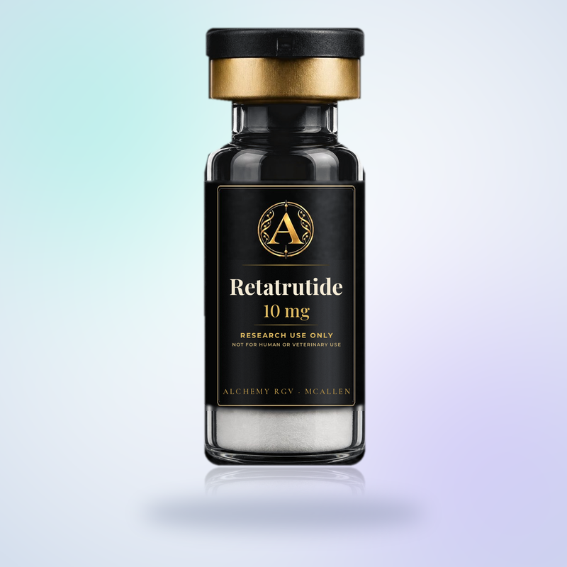 Retatrutide 10 mg vial with Alchemy RGV label, research use only