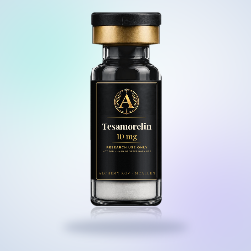 Tesamorelin 10 mg vial with Alchemy RGV label, research use only